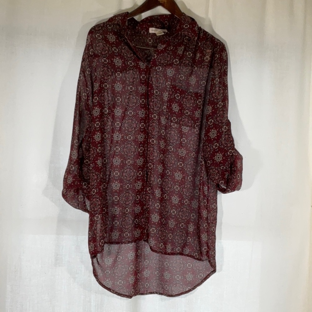 Band of Gypsies Sheer Burgundy Boho Floral Button Down Hi-Low Top Large